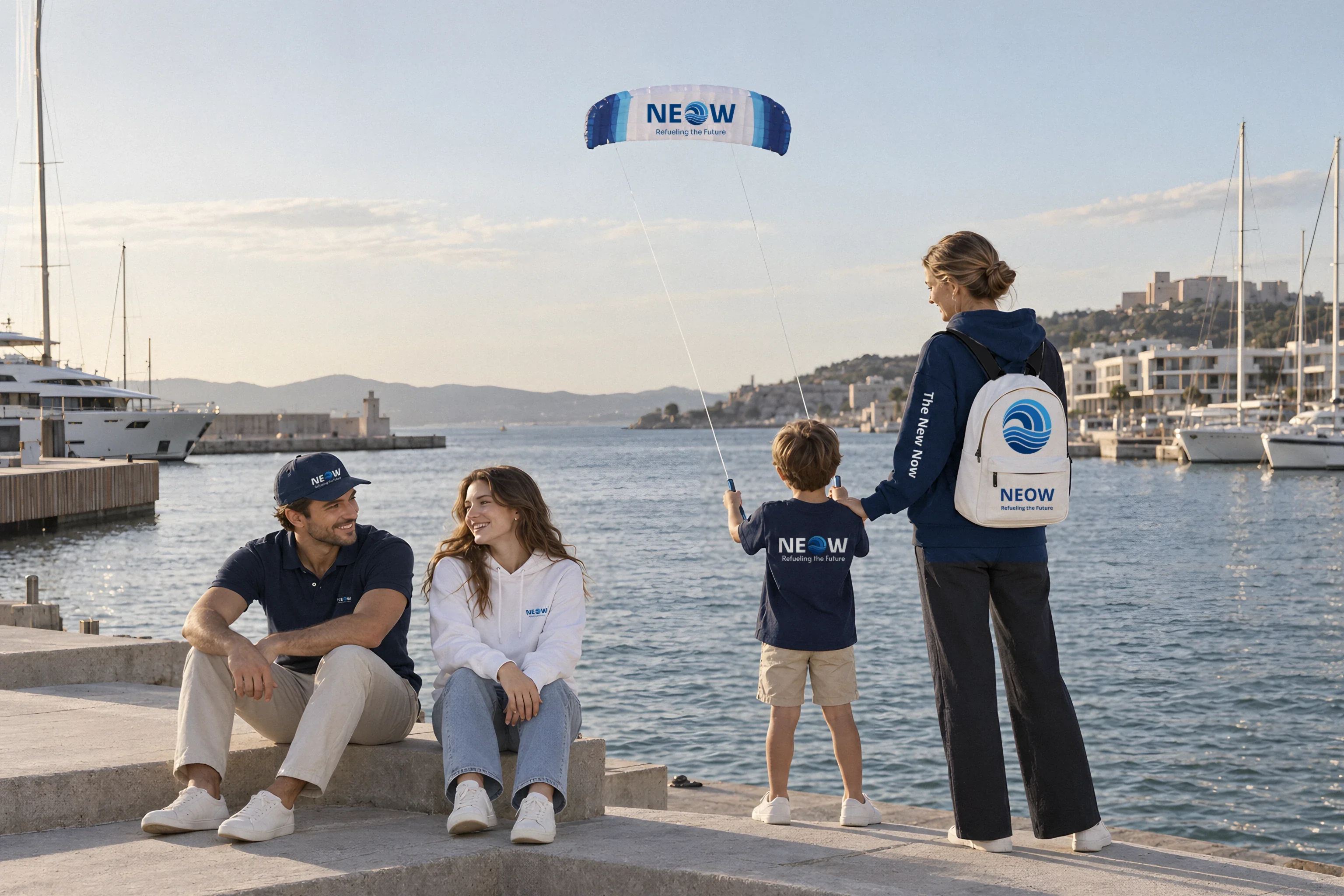 NEOW collection at the harbour: friends wearing the navy relaxed hoodie, white eco hoodie, navy polo, dad hat and kids tee, with the white backpack and the power kite in the sky