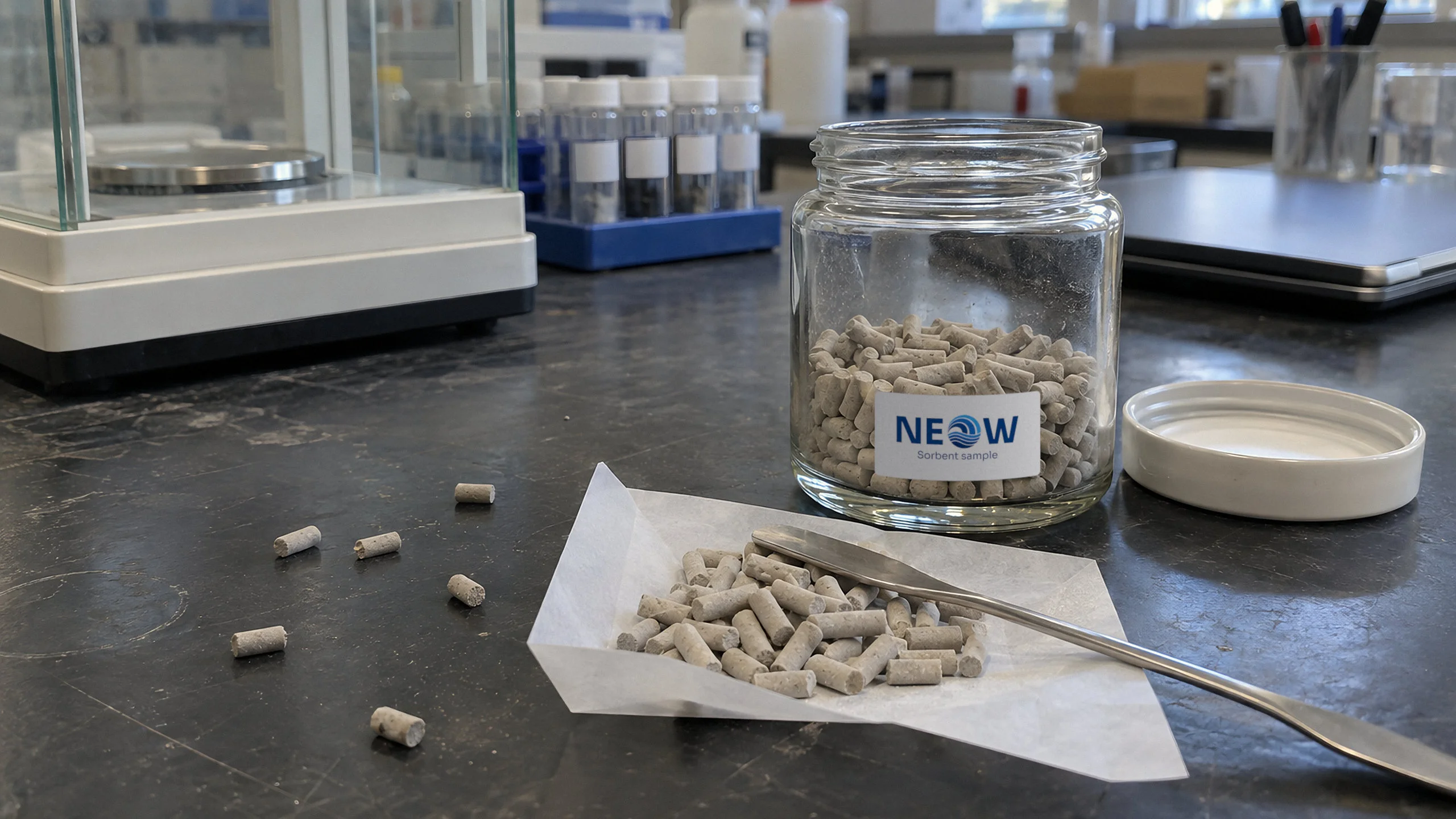 A glass jar of grey extruded sorbent pellets on a laboratory bench, with a spatula and a paper of loose pellets