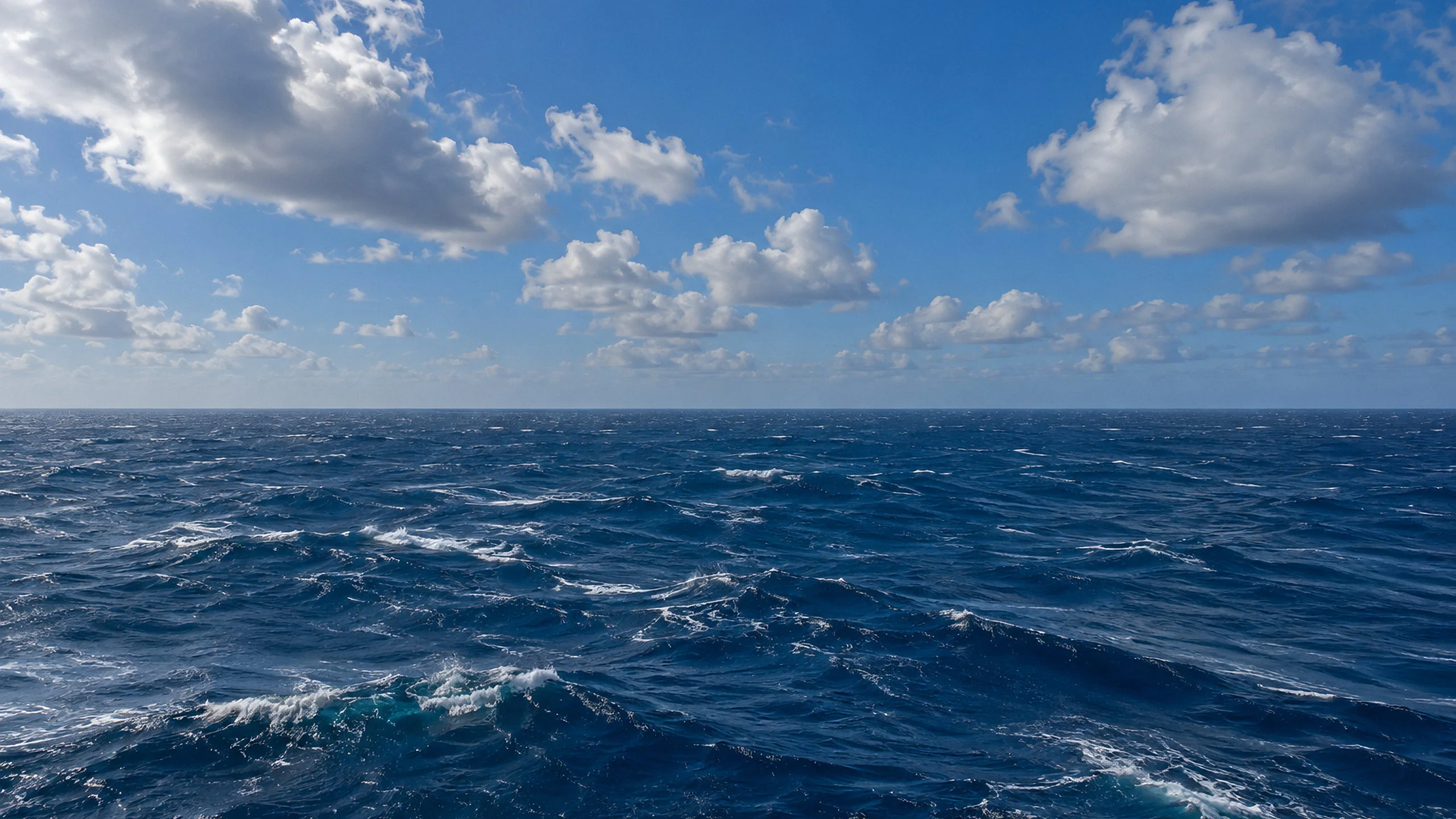 Open ocean under the trade winds: whitecaps on deep-blue sea and rows of cumulus towards the horizon