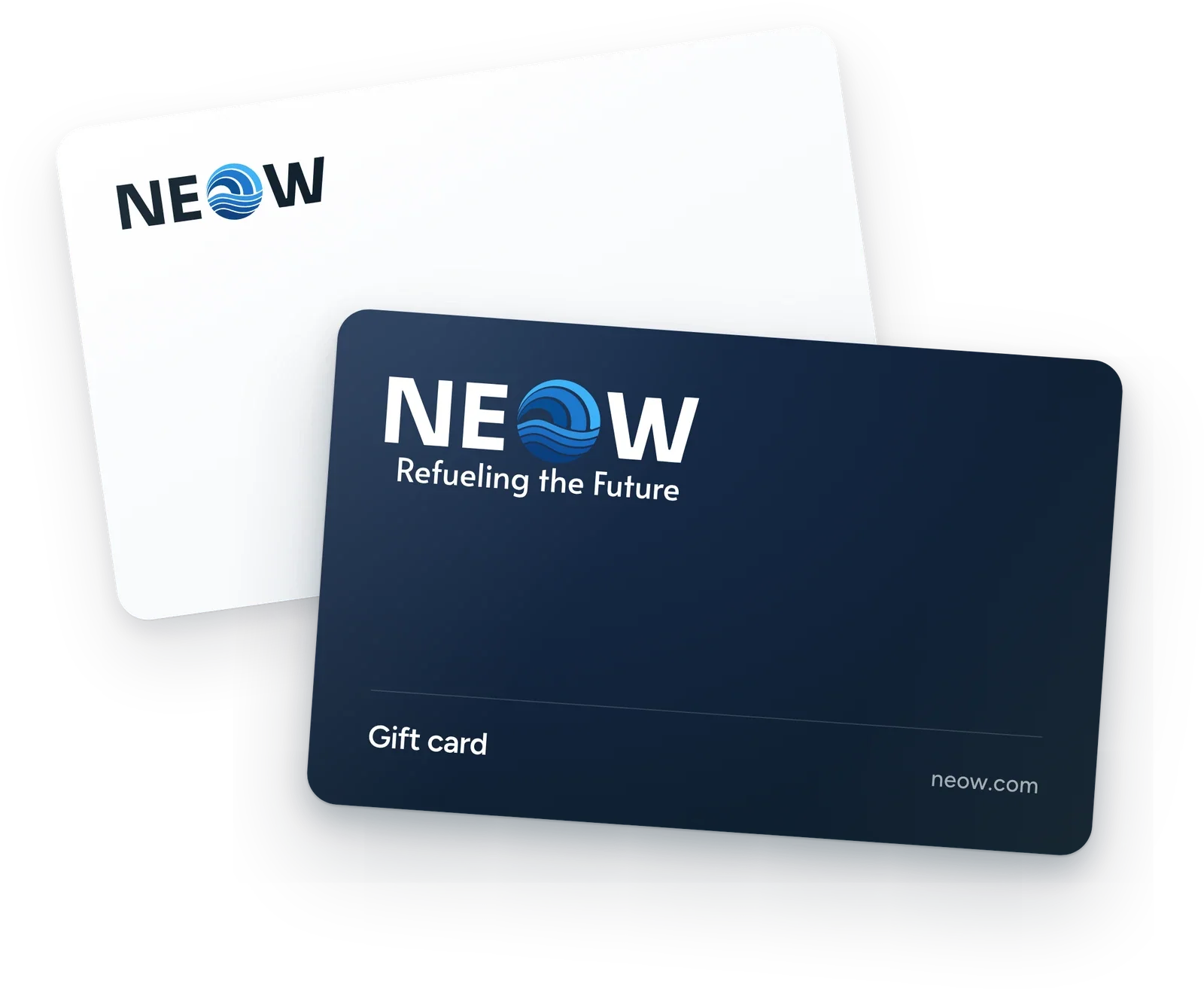 NEOW Voucher, a navy gift card with the NEOW lockup and Refueling the Future in front of a white card with the NEOW lockup