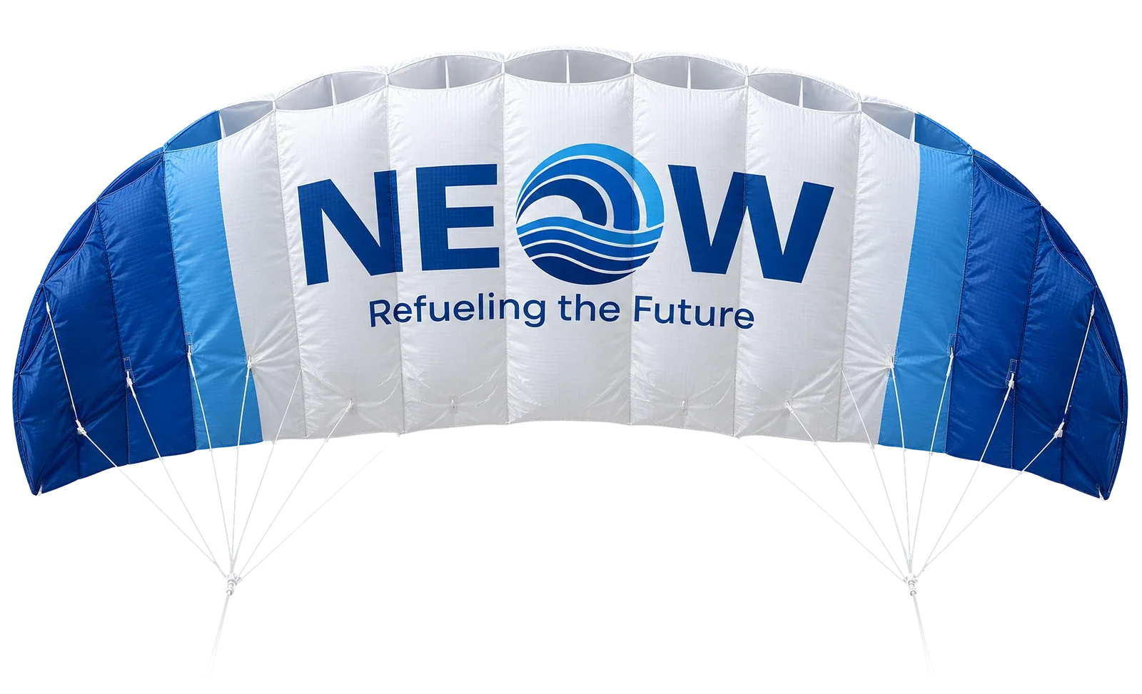 Power Kite 120cm, white and blue two-line foil kite with the NEOW lockup and Refueling the Future printed across the canopy