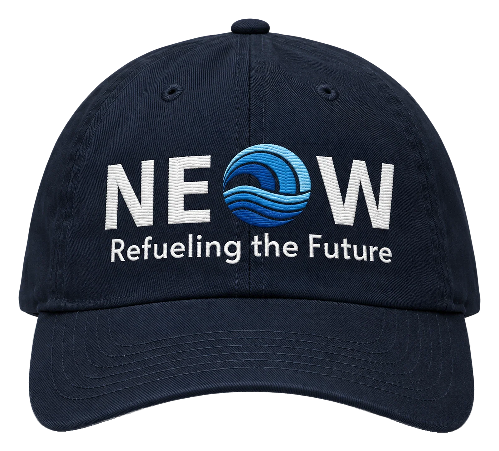 Organic dad hat, navy with the NEOW lockup and Refueling the Future embroidered on the front