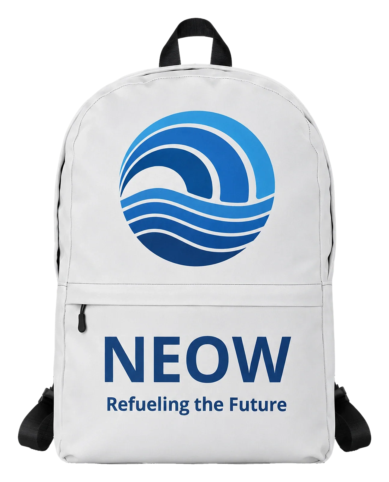 Backpack, white with the large NEOW wave mark on the upper front and NEOW Refueling the Future on the front pocket