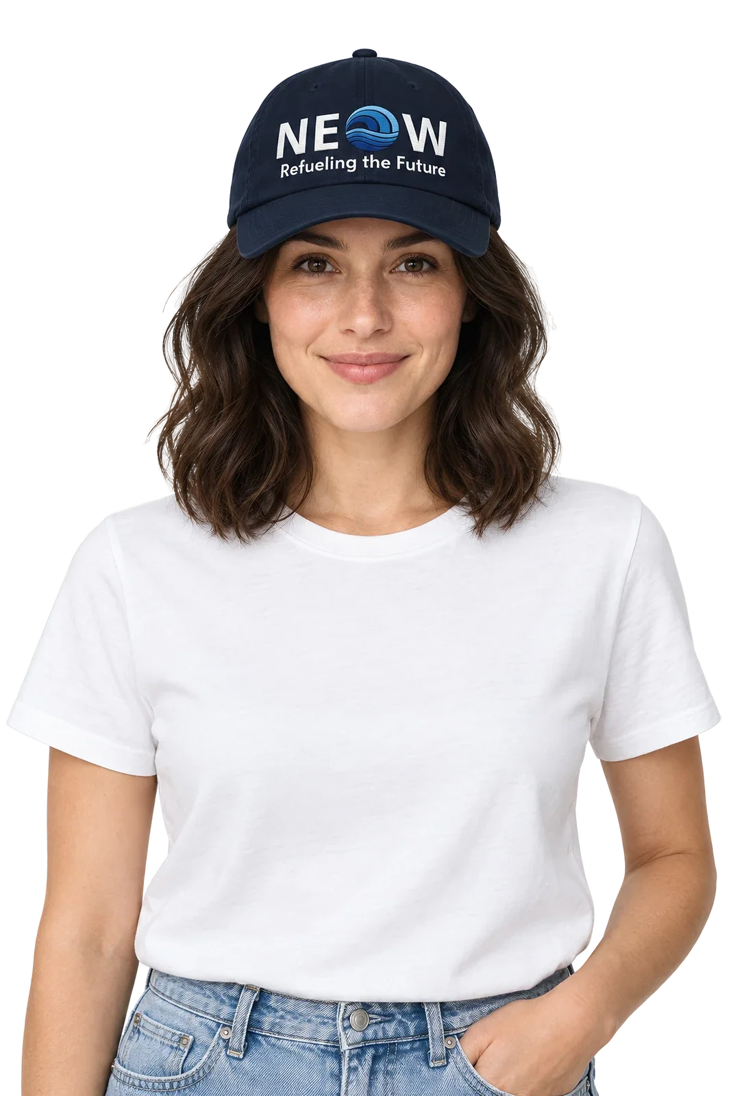 Front view on the model, navy organic dad hat with the embroidered NEOW lockup and Refueling the Future
