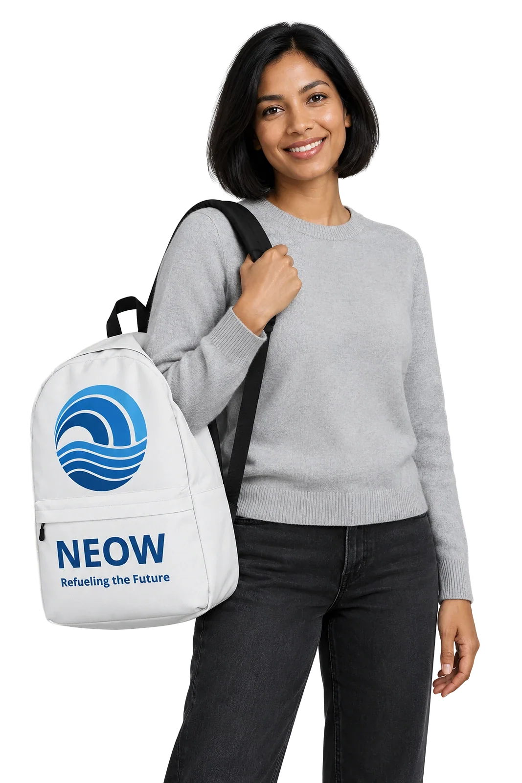 Front view on the model, white NEOW backpack carried on one shoulder at her side