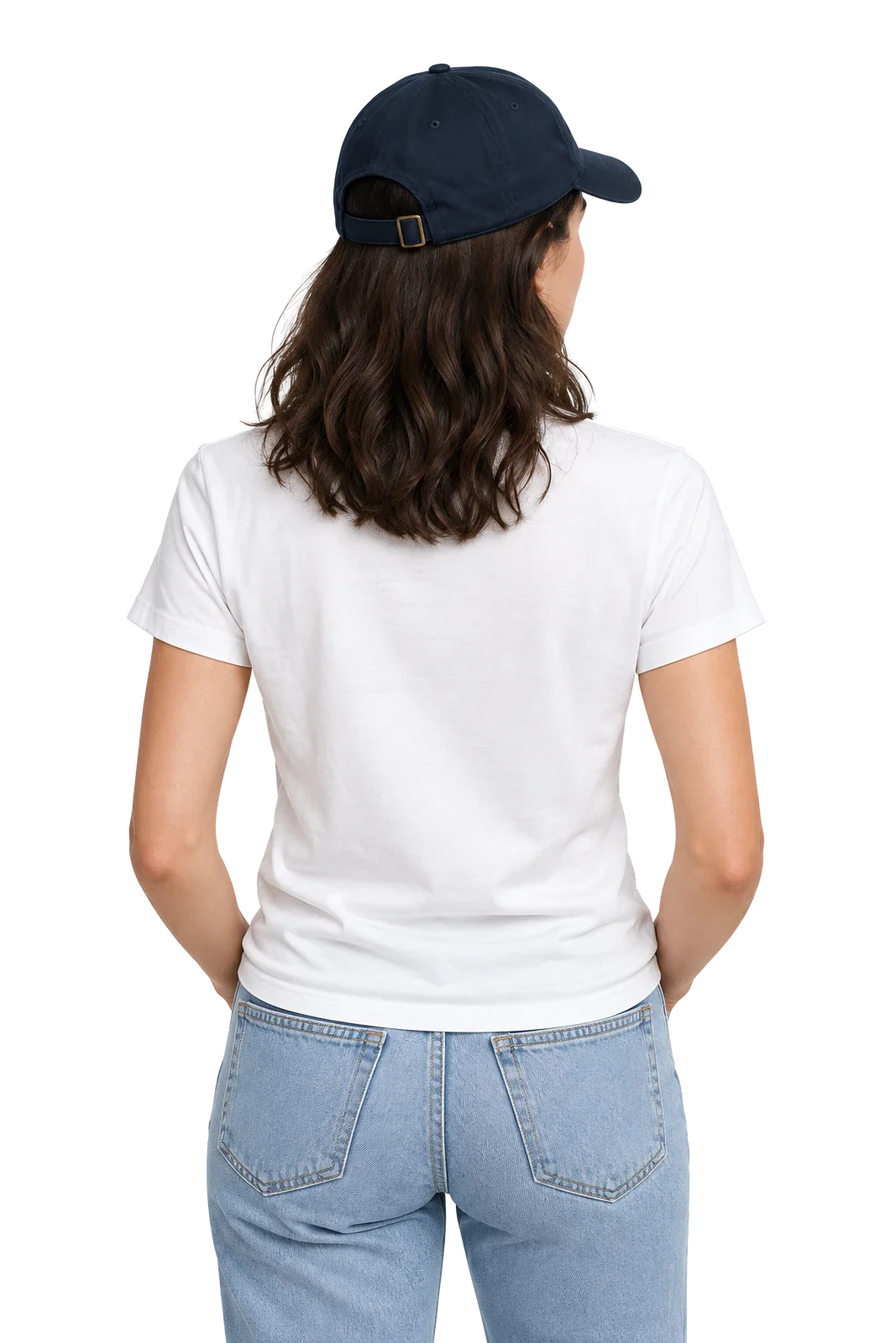 Navy organic dad hat seen from behind on the model, self-fabric strap with brass slide buckle