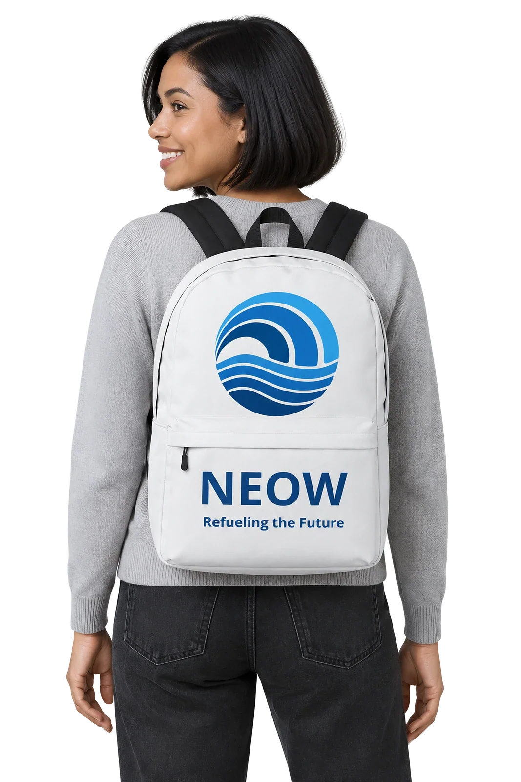 Back view on the model, white NEOW backpack worn on both shoulders with the wave mark and NEOW Refueling the Future