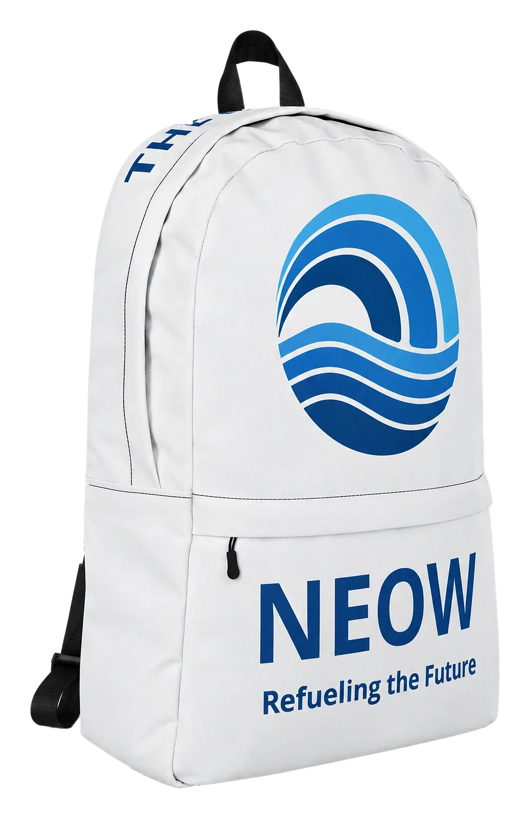 Backpack, three-quarter view showing the side gusset lettering and the NEOW wave mark