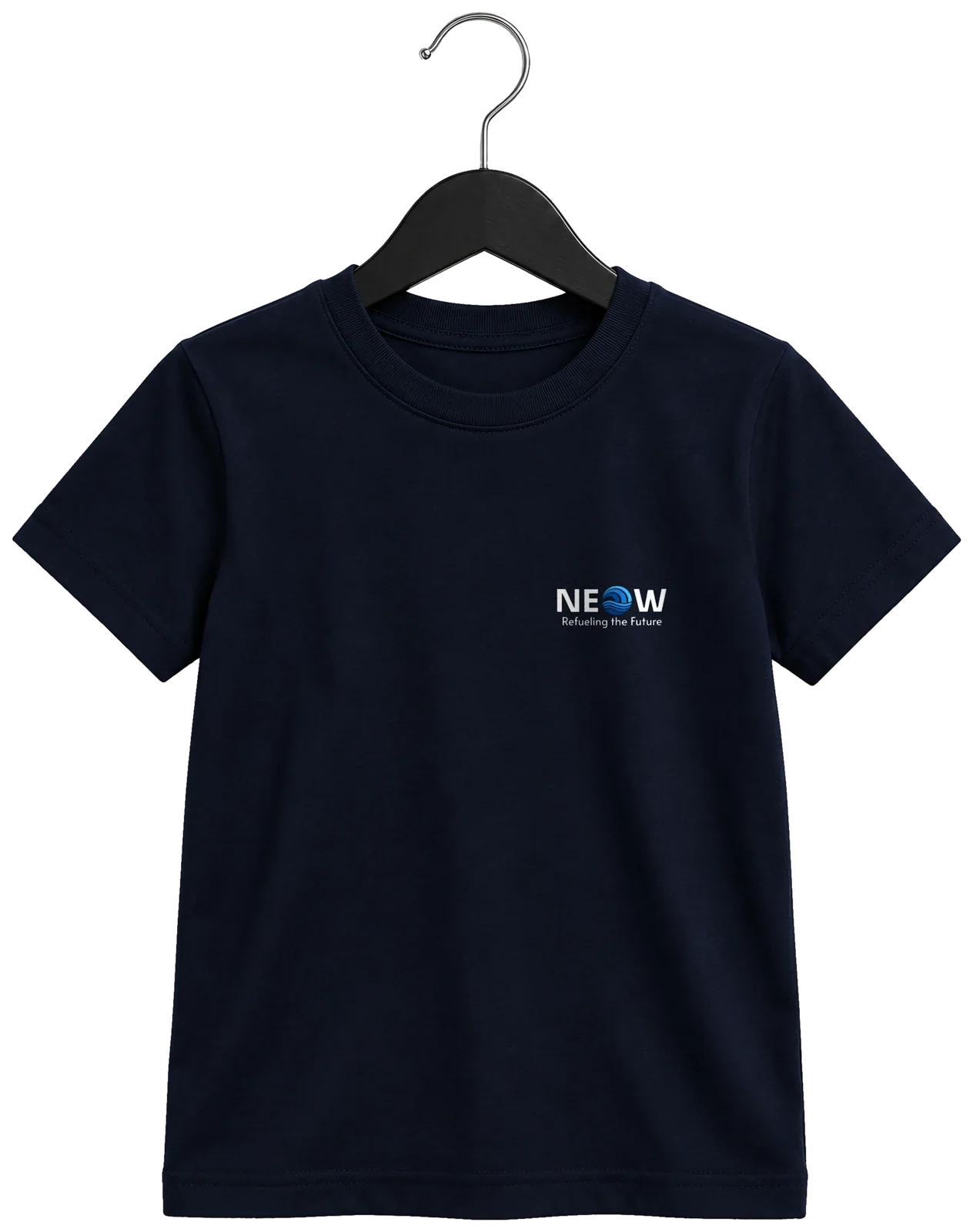 Organic cotton kids t-shirt in navy on a hanger, NEOW lockup with Refueling the Future on the left chest