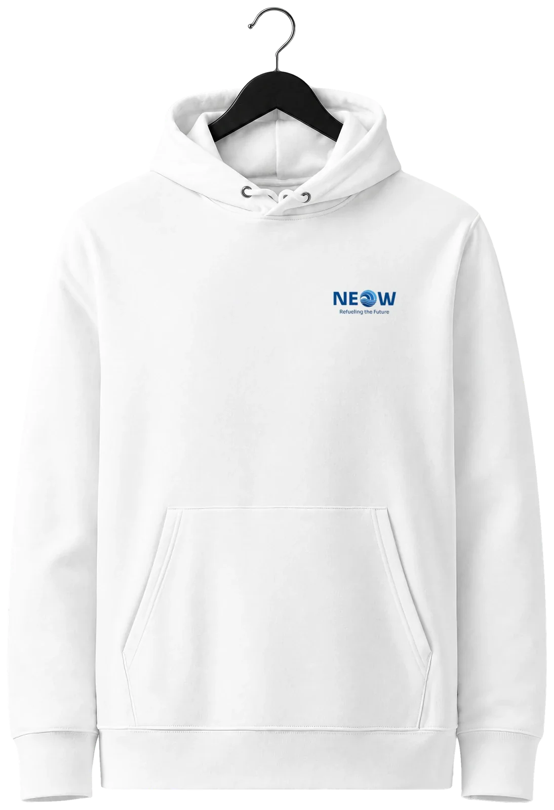 Unisex essential eco hoodie in white on a hanger, blue NEOW lockup with Refueling the Future on the left chest