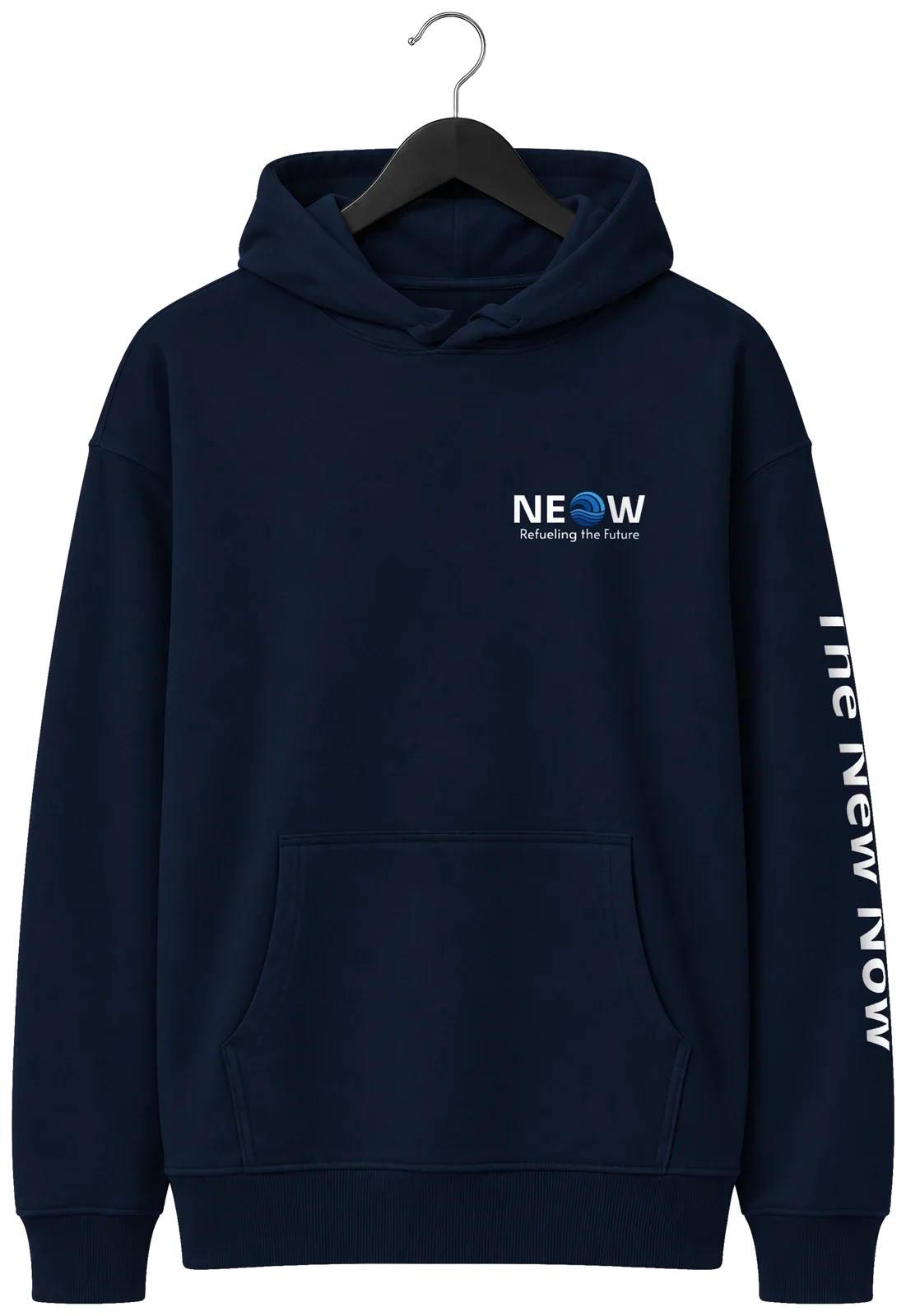 Unisex organic relaxed hoodie in navy on a hanger, NEOW lockup with Refueling the Future on the left chest and The New Now on the left sleeve