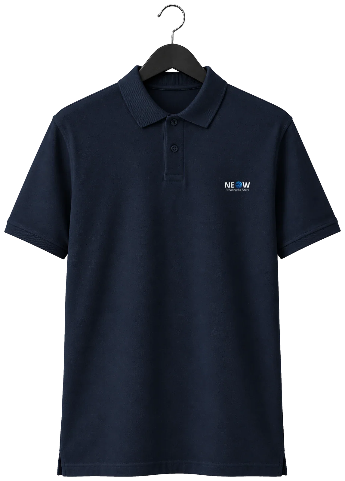 Unisex pique polo shirt in navy on a hanger, embroidered NEOW lockup with Refueling the Future on the left chest