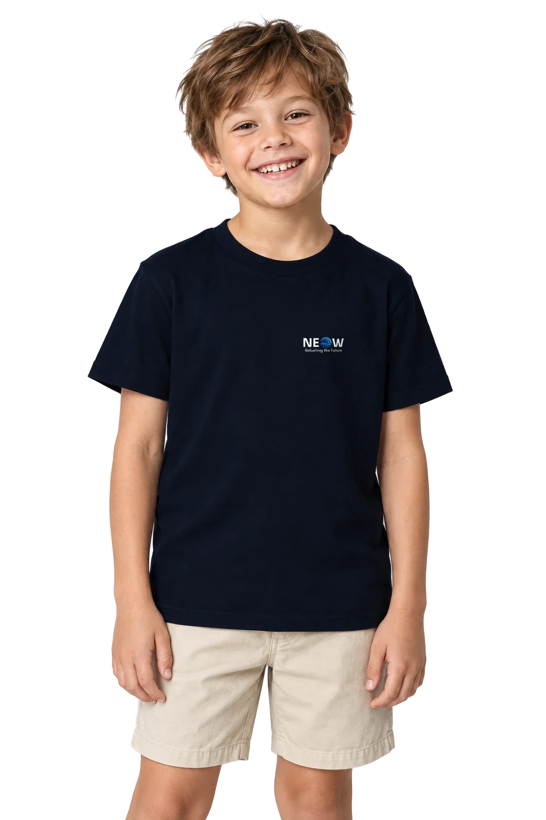 Front view on the model, child wearing the navy Organic cotton kids t-shirt with the NEOW lockup on the left chest