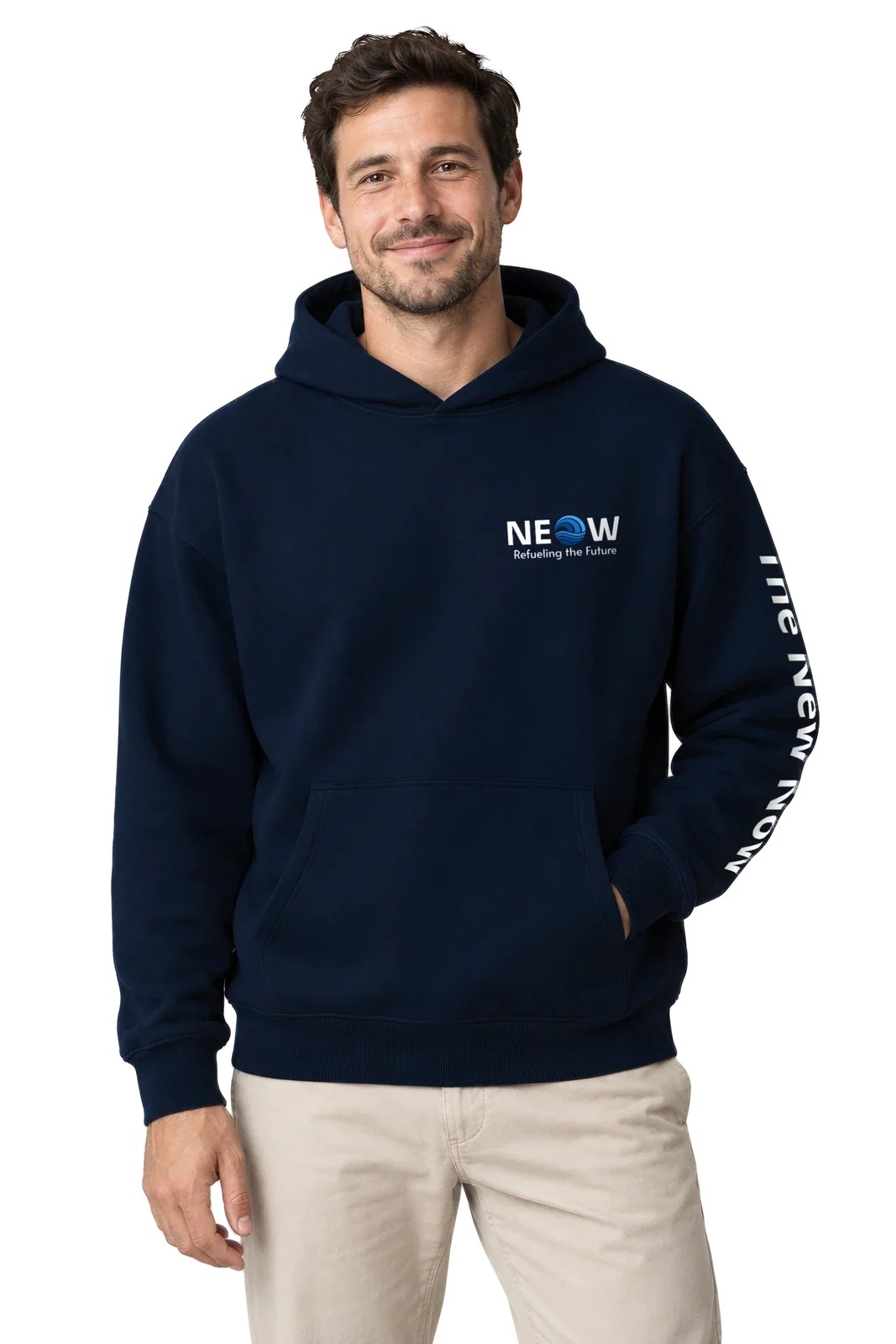 Front view on the model, man wearing the navy Unisex organic relaxed hoodie with the NEOW lockup on the left chest