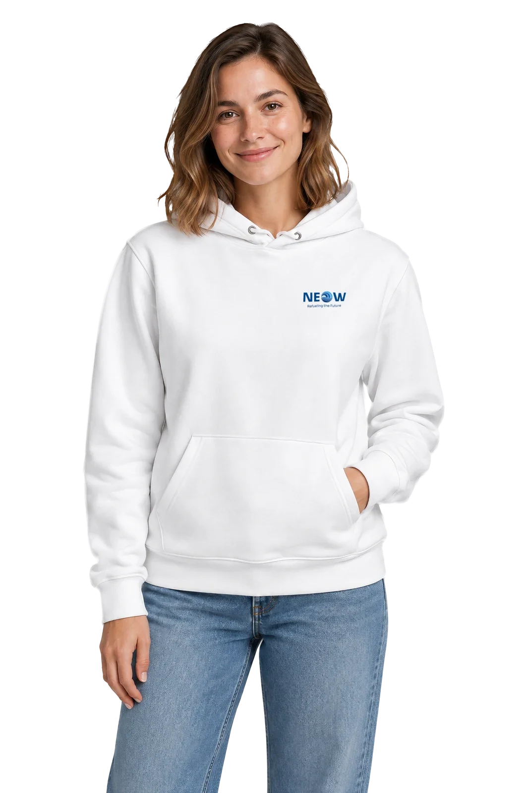 Front view on the model, woman wearing the white Unisex essential eco hoodie with the blue NEOW lockup on the left chest