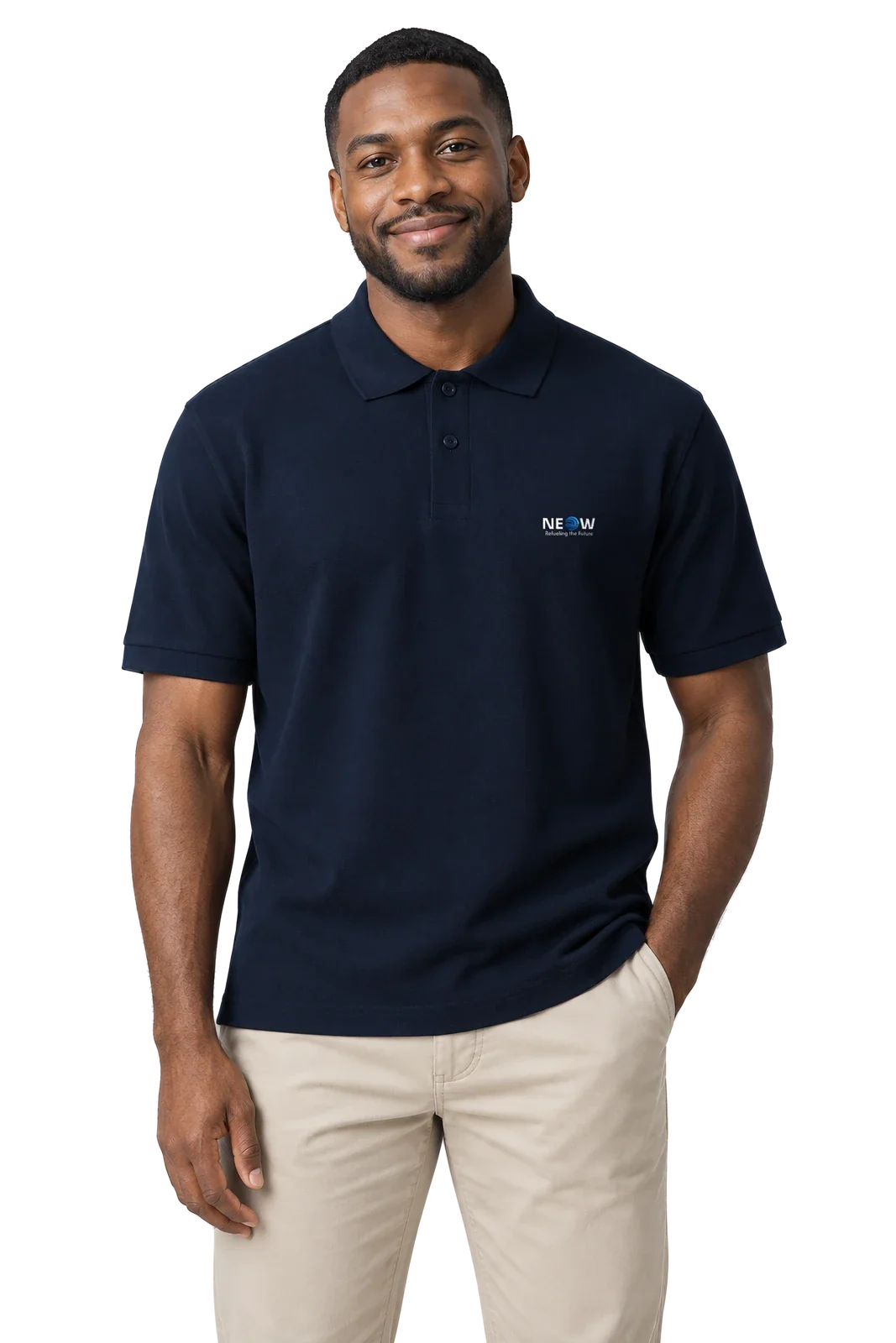 Front view on the model, man wearing the navy Unisex pique polo shirt with the embroidered NEOW lockup on the left chest