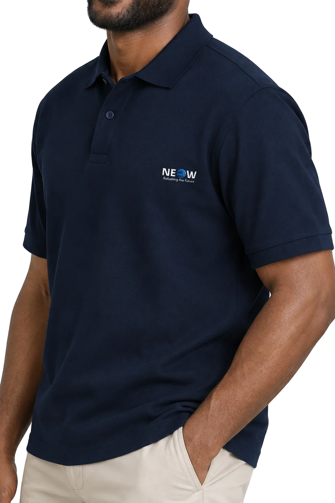 Three-quarter view on the model, man in the navy Unisex pique polo shirt, embroidered NEOW lockup on the left chest, two-button placket and ribbed collar