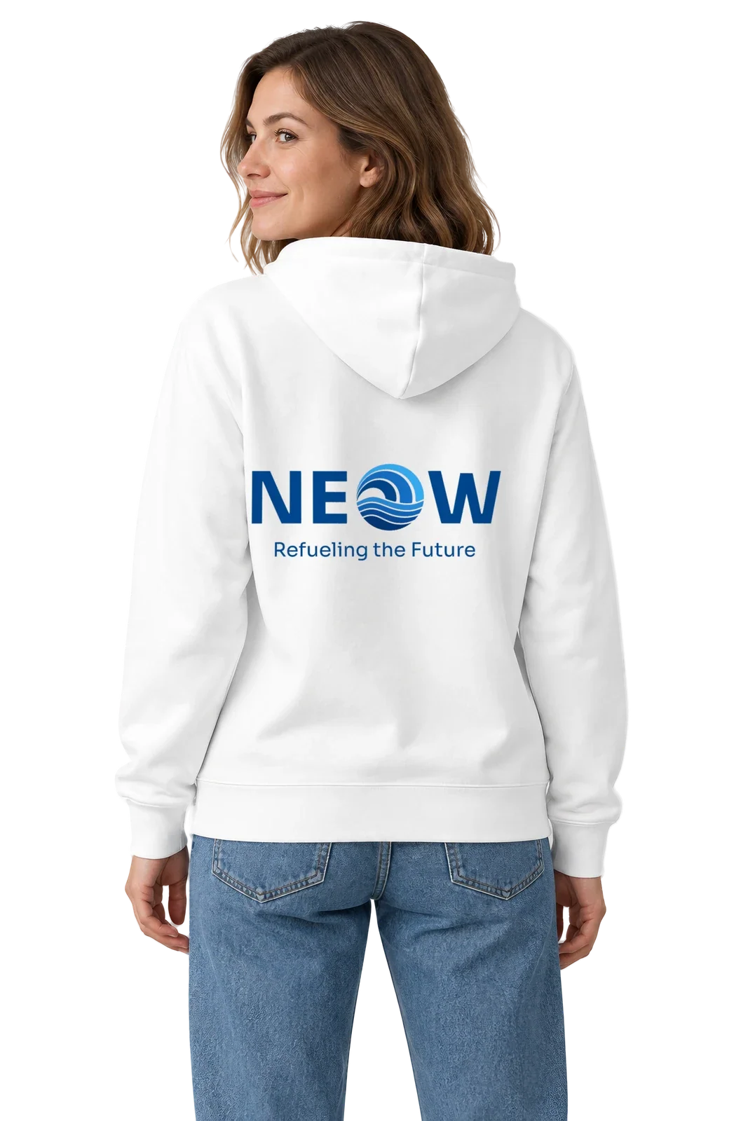 Back view on the model, the large blue NEOW lockup with Refueling the Future on the back of the white hoodie