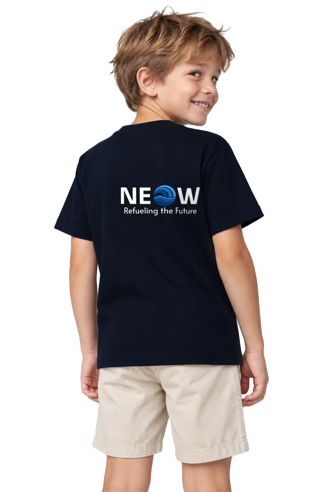 Back view on the model, child wearing the navy Organic cotton kids t-shirt with the large NEOW lockup and Refueling the Future on the back
