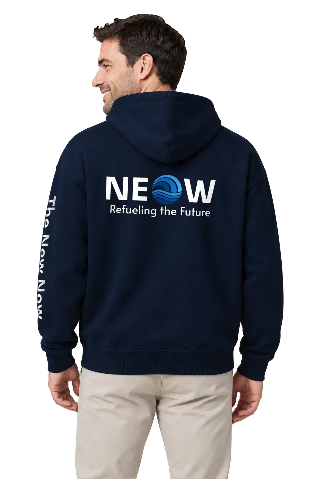 Back view on the model, the large NEOW lockup with Refueling the Future on the back of the navy Unisex organic relaxed hoodie, The New Now down the sleeve