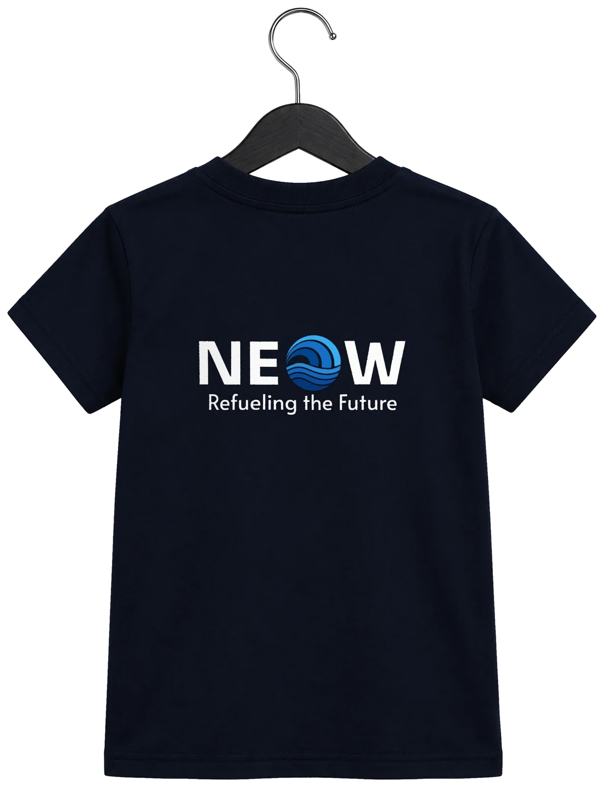 Organic cotton kids t-shirt in navy, back view on a hanger with the large NEOW lockup