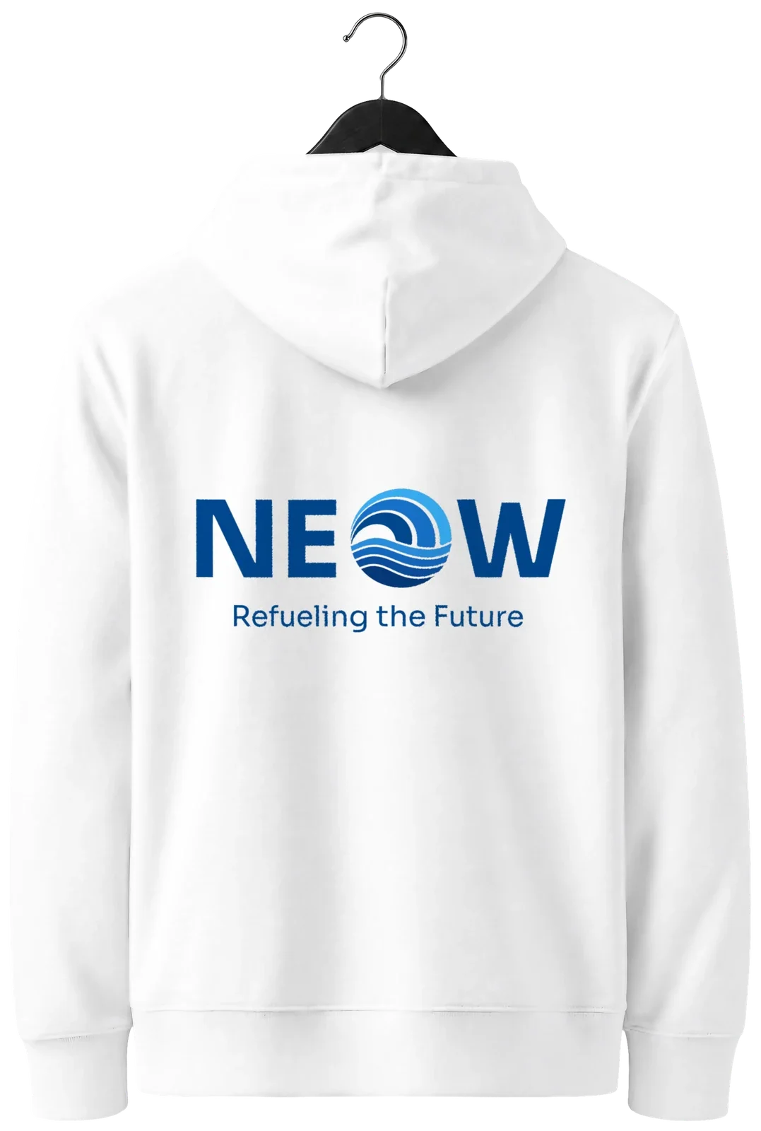 Unisex essential eco hoodie, back view on the hanger with the large blue NEOW lockup and Refueling the Future across the back