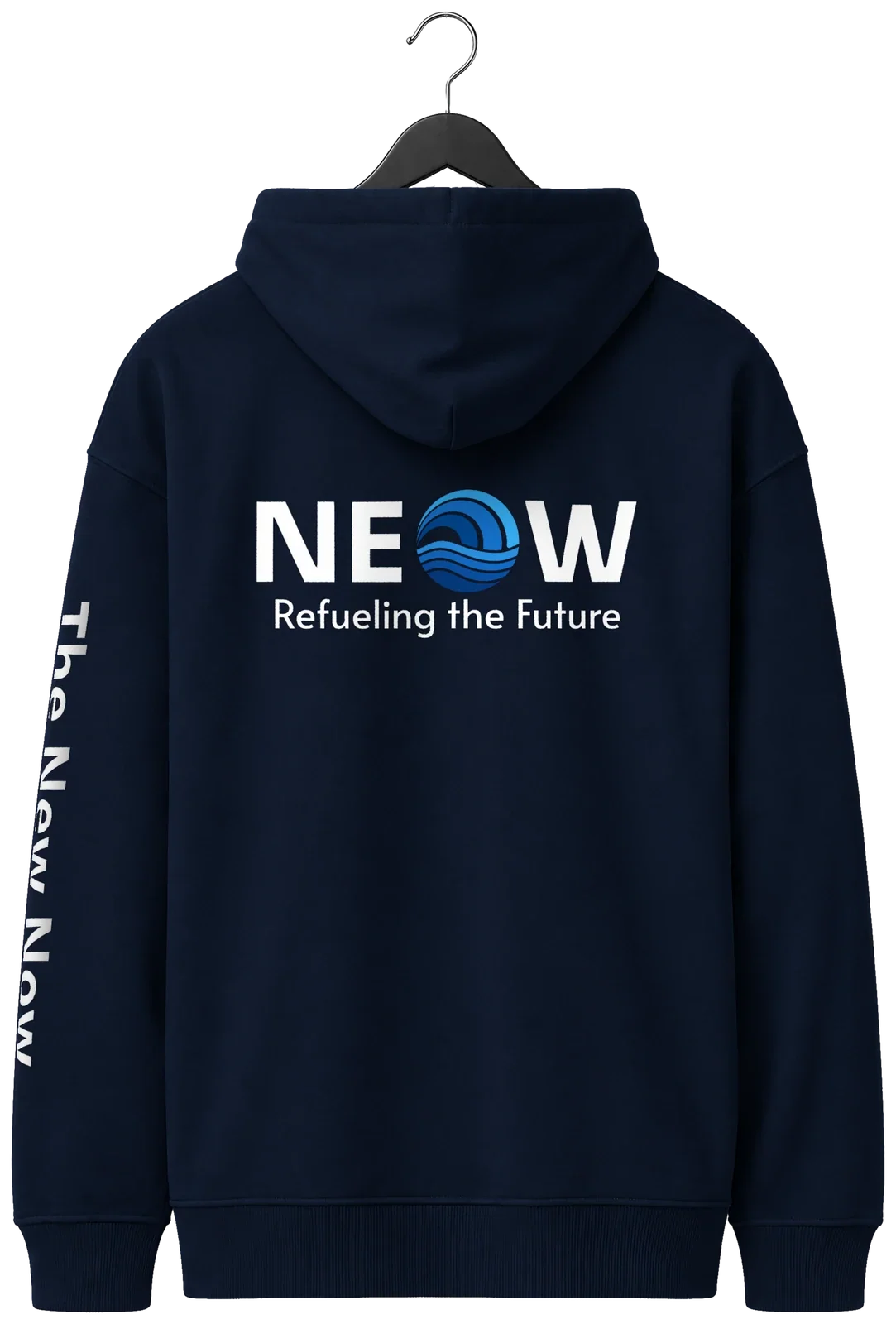 Unisex organic relaxed hoodie in navy, back view on a hanger with the large NEOW lockup and Refueling the Future