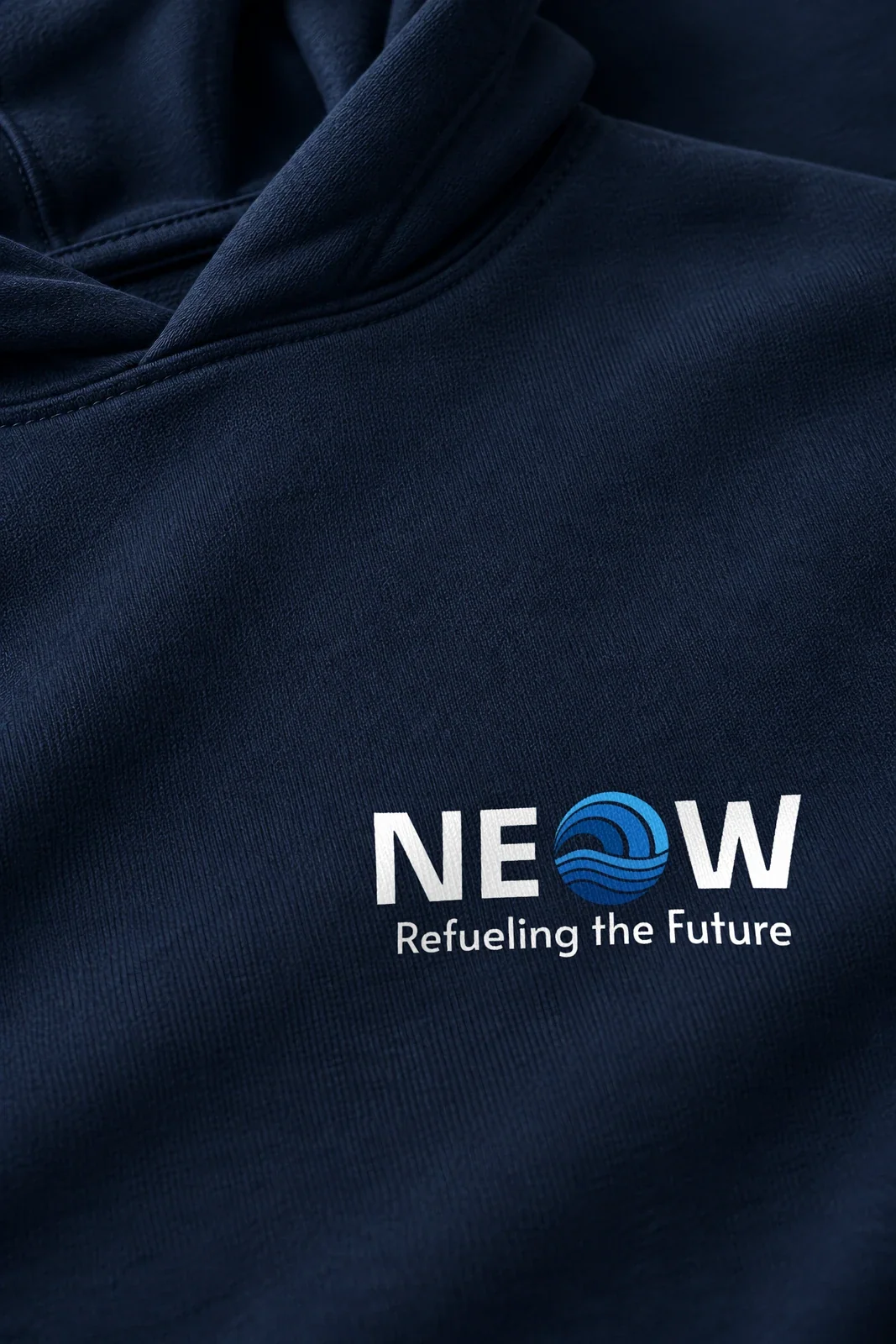 Close-up of the white NEOW chest print on the navy fleece